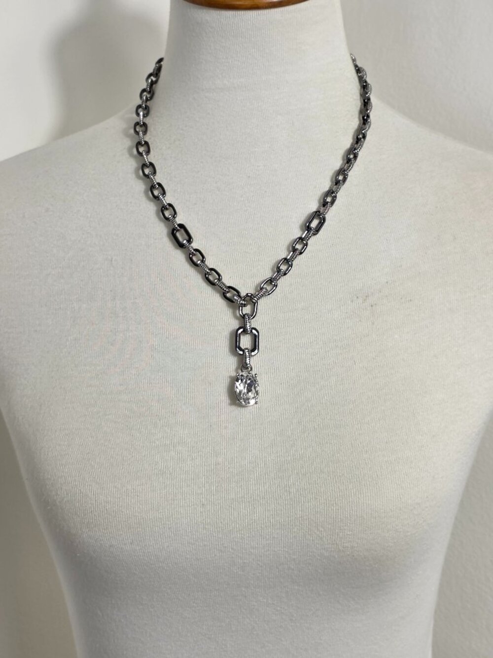 White House Black Market Silver Tone Lariat Necklace Single Crystal Pendant